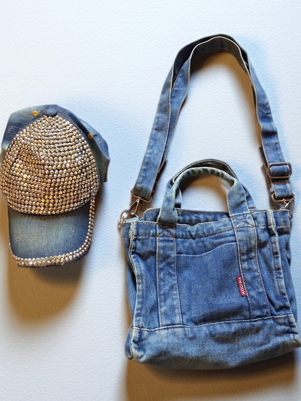 Denim Crystal-Embellished Cap and Tote Set - Blue